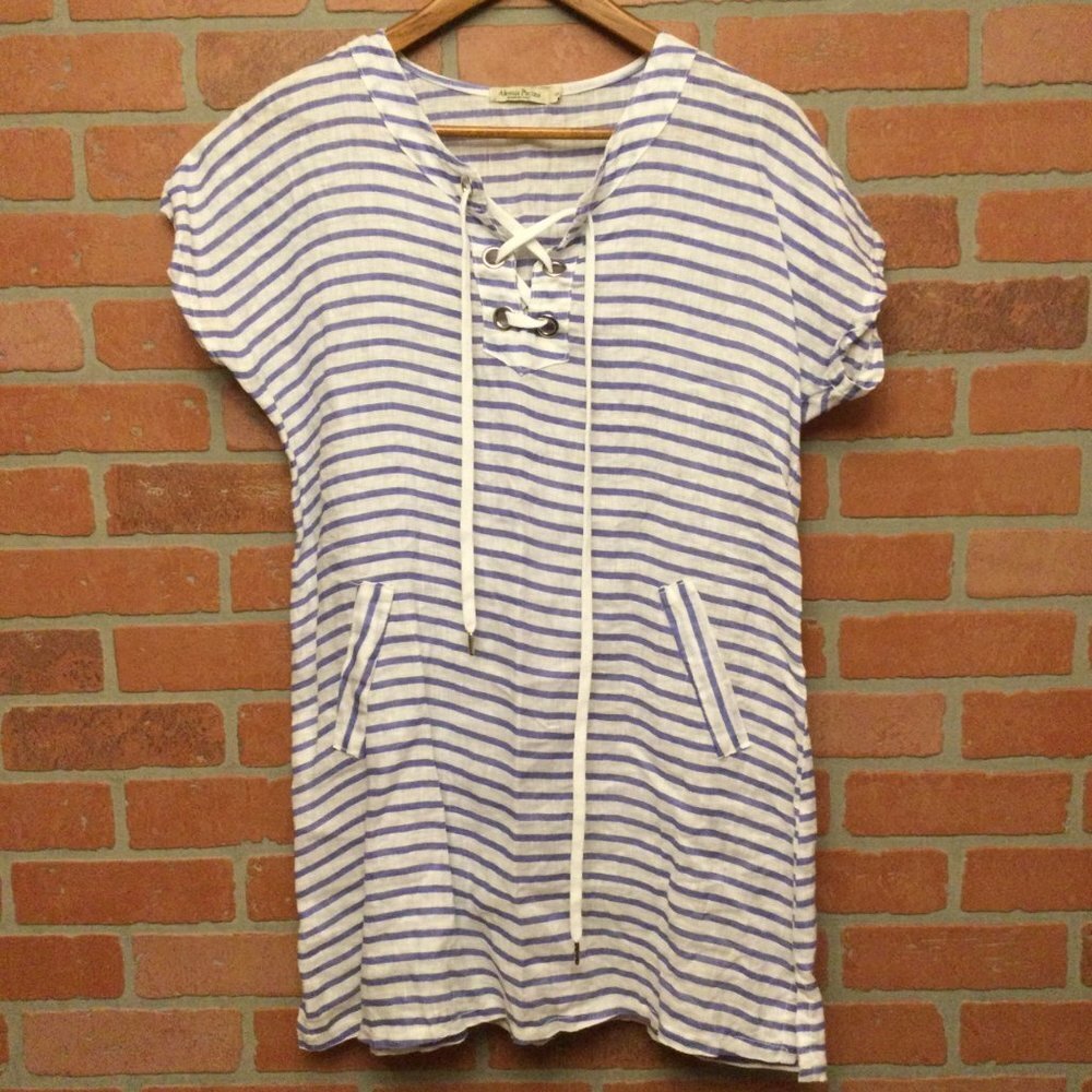 Alessia Pacini Italy Women's Linen Cover Up Tunic Top Split Lace Up Neckline Sma